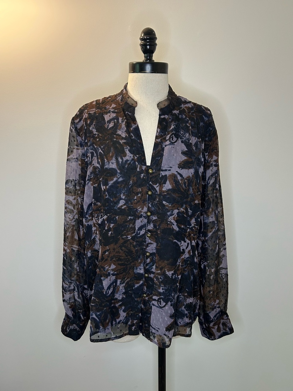 COLDWATER CREEK Black Floral Swiss Dot Polyester Blouse Sheer Womens L